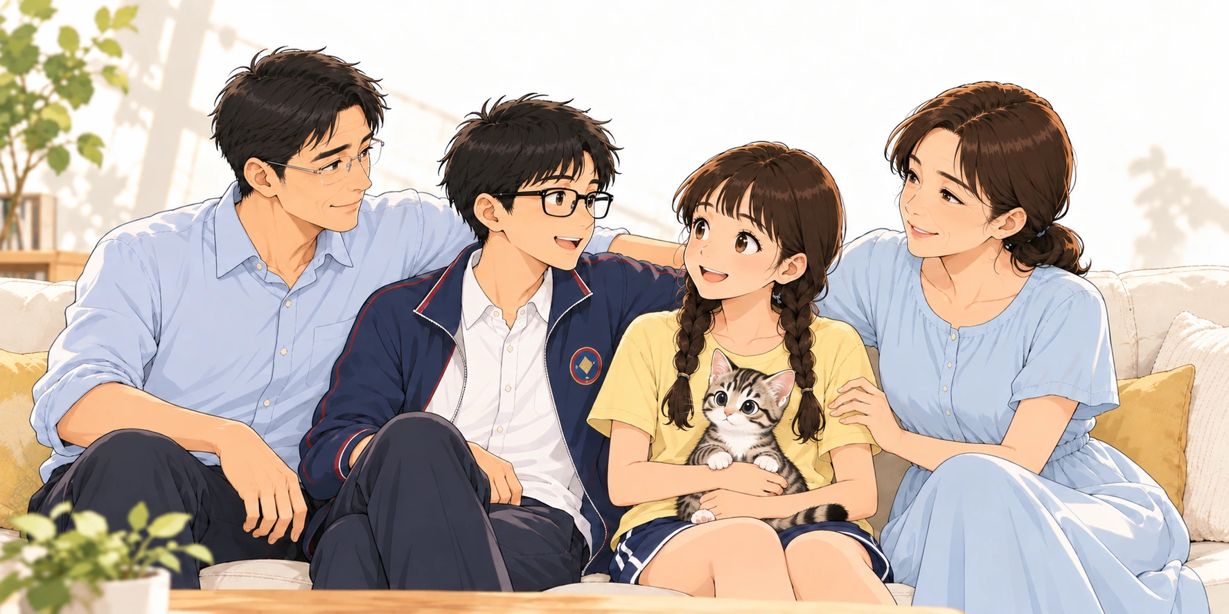 爸爸、妈妈、哥哥、妹妹和小糯米坐在沙发上
